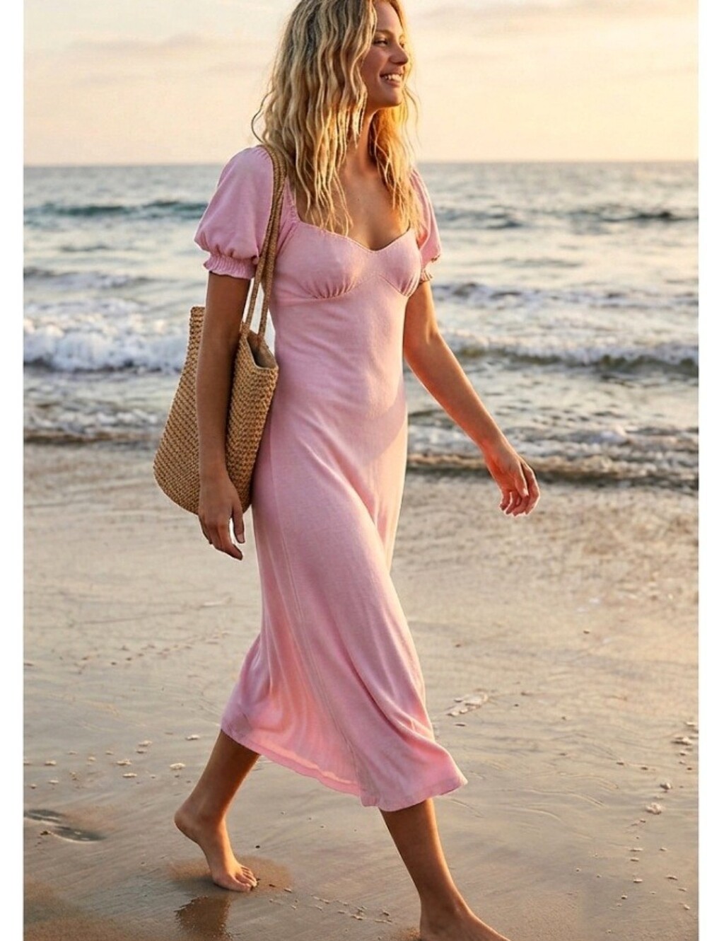 Free People Beach Bel Air Puff Sleeve Midi Dress Pink Size Small NWT
